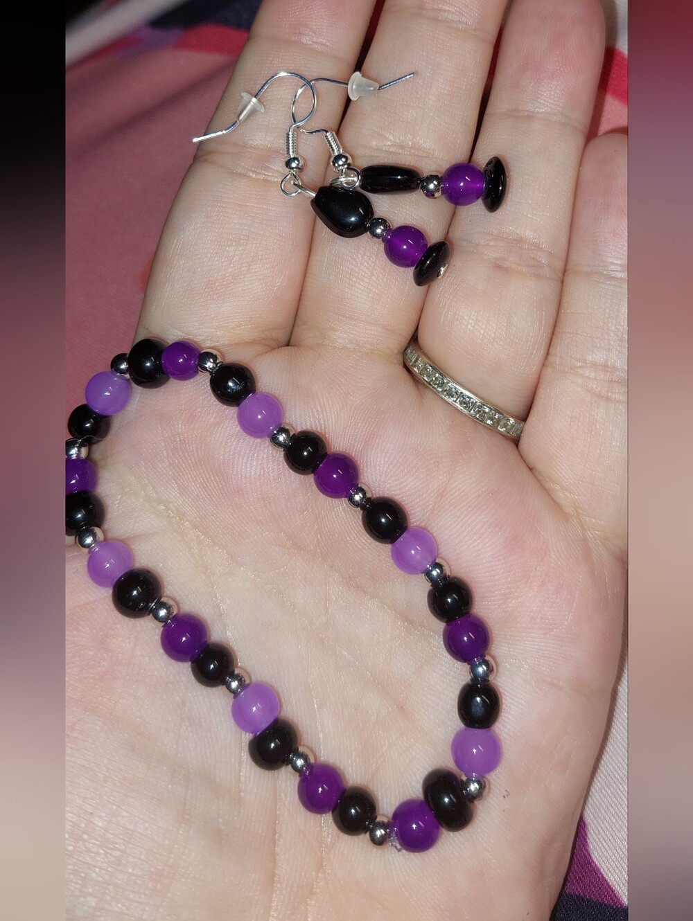 Handmade Purple & Black Beaded Bracelet and Earrings Set